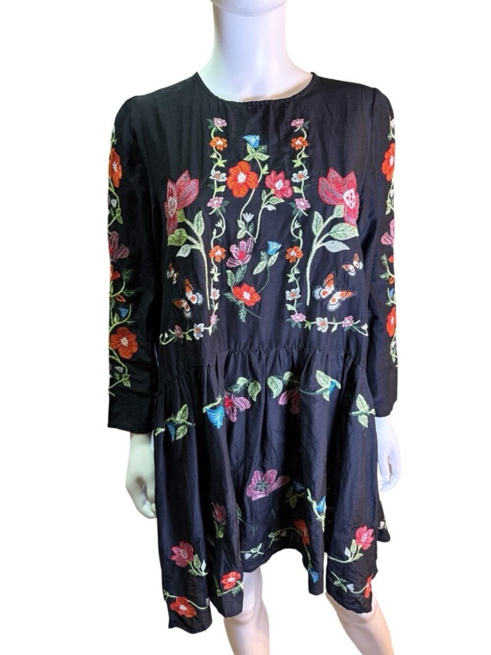 Zara Embroidered Floral Midi Long Sleeve Black Dress Summer Size M, EUC